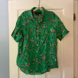 Ralph Lauren Linen Sailboat Shirt Green Button Down Classic Fit Yacht Men’s L